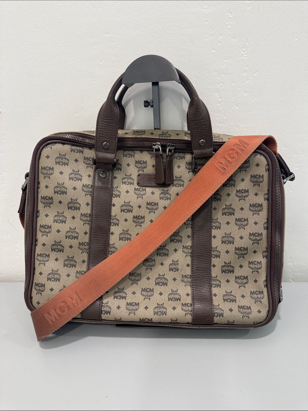 MCM Tan Logo Canvas Briefcase with Brown Trim and Orange Strap